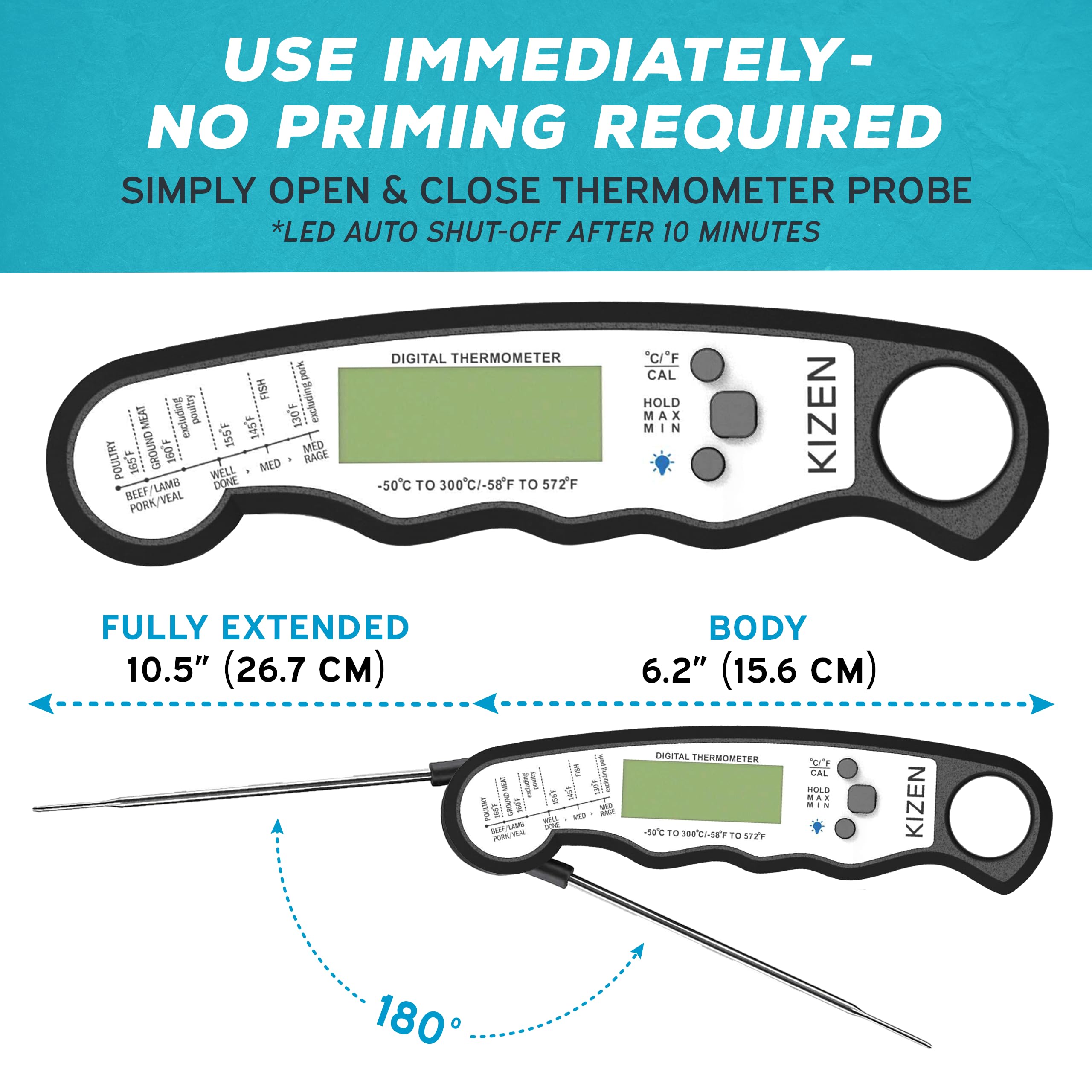 Kizen Instant Read Meat Thermometer Digital - Food Thermometer for Cooking, Grill, Oven, BBQ - Waterproof and Backlit Display - Kitchen Gadgets