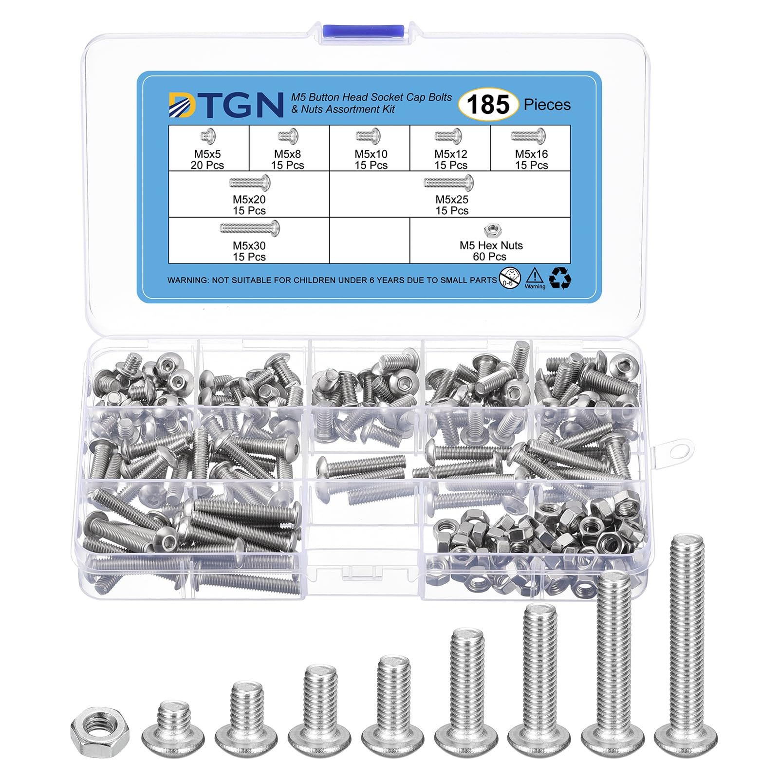 DTGN 185Pack M5(D) Button Head Socket Cap Screws Nuts Kit - 5/8/10/12/16/20/25/30mm(L) Hex Socket Cap Bolt Nut Assortment - 304 Stainless Steel Full Thread - Good for Machine