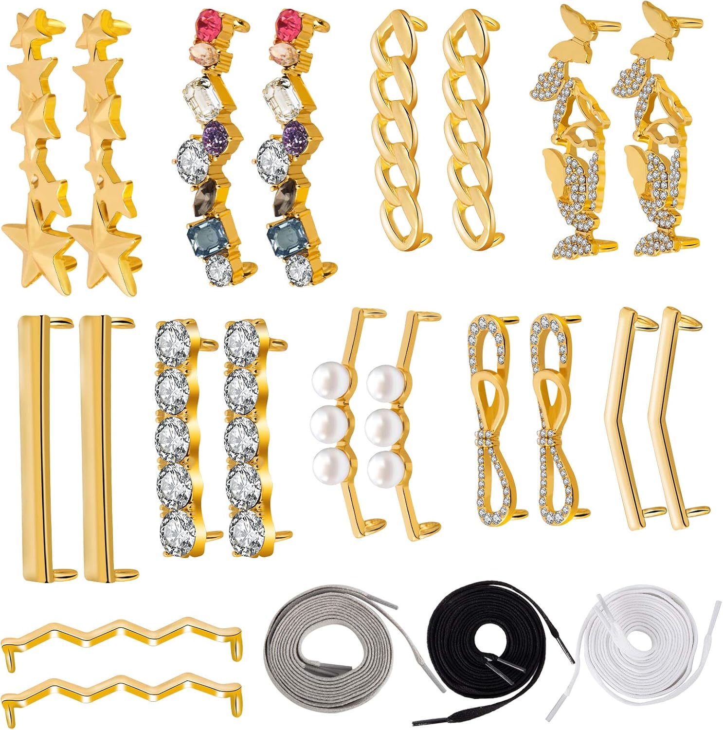 20pcs DIY Metal Shoelaces Clips + 12pcs Shoelaces Gold Decorative Shoe
