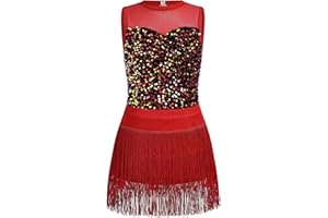 IBAKOM Girl Fringe Latin Jazz Dance Outfits Sparkly Sequins Leotard Tassel Mini Skirt Kids Cutout Back Hip Hop Dance Dress