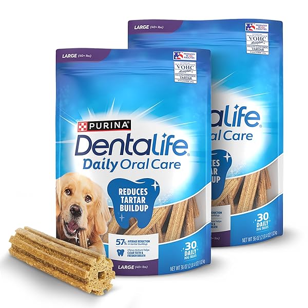 DENTALIFE DAILY ORAL CARE DOG TREATS FOR LARGE DOGS 40 PLUS LBS., CHEWY DENTAL TREAT TO FRESHEN BREATH AND FIGHT TARTAR, CHICKEN FLAVOR, 36 OZ. EACH, 30 CHEWS EACH/60 TOTAL CHEWS – 30 CT. POUCH