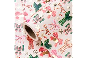 WRAPAHOLIC Bow Christmas Wrapping Paper - Mini Roll - 17 Inch x 16.5 Feet - Gold Foil Snoflakes and Plaid Bow Wrapping Paper for Girl Boy Kids, Christmas, Holiday