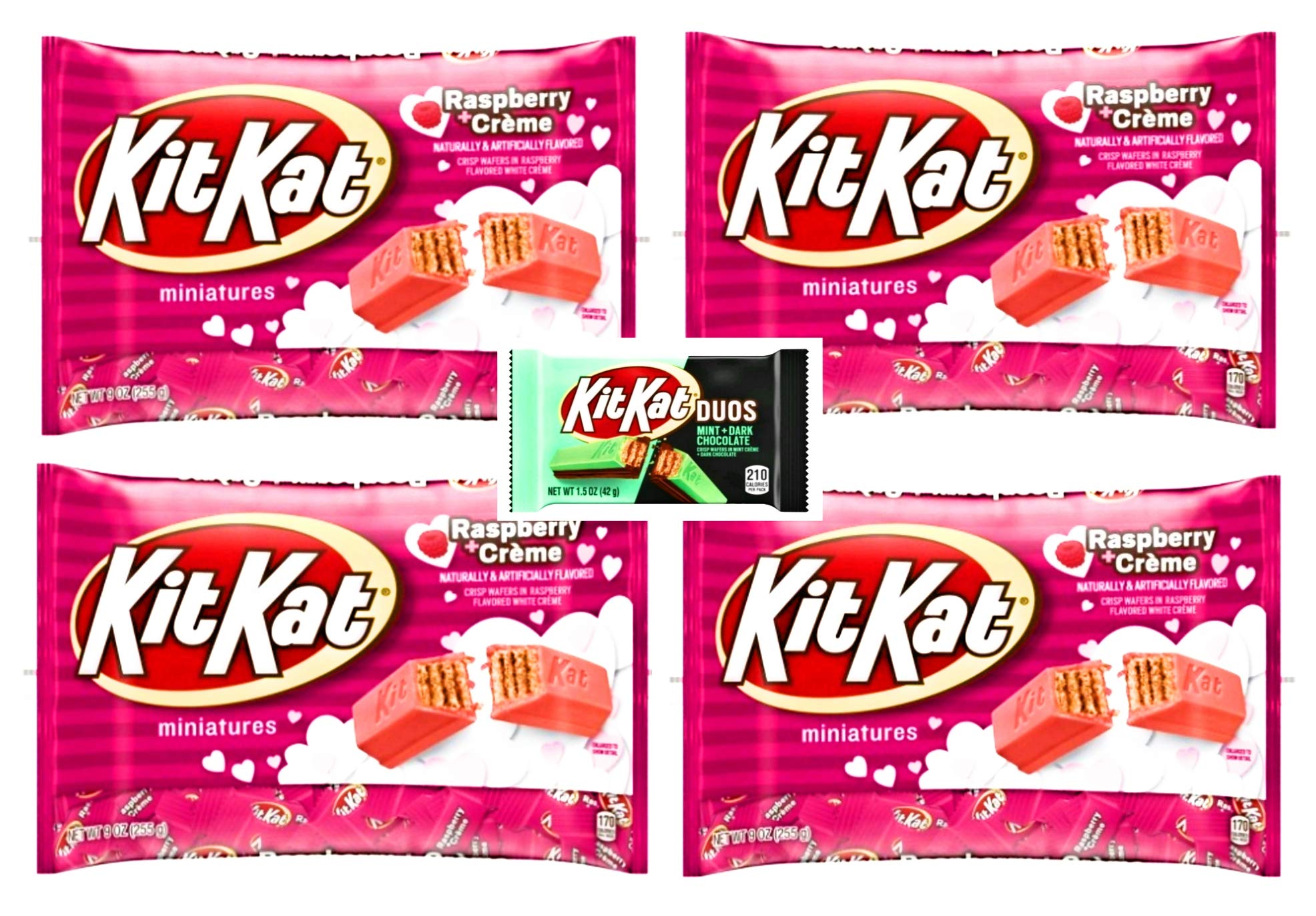 Valentine Kit Kits Raspberry Creme Miniatures - Pack of 4 Bags - 36 oz Total - Plus 1 Mint Dark Chocolate Kit Kat Duo - 1.5 oz - Bulk Candy Variety Pack