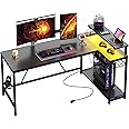 Bestier 58 L Shaped Gaming Desk with LED Lights & Power Outlets,Reversible Home Office Corner Desk with Shelves,Larger PC Workstation with Hooks for Studying,Desk for Bedroom,Carbon Fiber Black