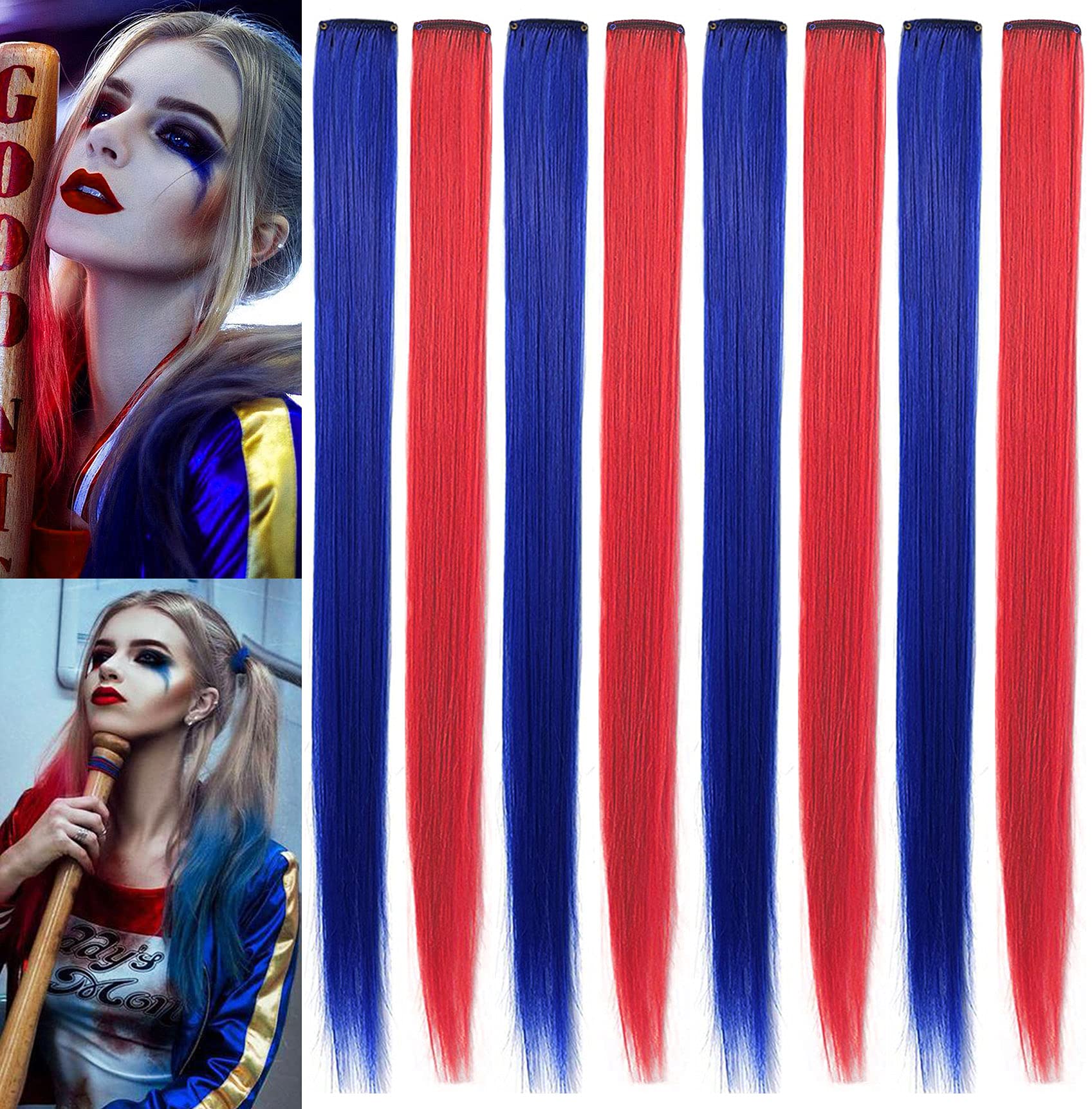 IAMERUI Multi-Colors Hair Etensions Party Straight Clip in/on Colored Hair Streak Synthetic Hairpieces 8 Pieces (Blue Red)