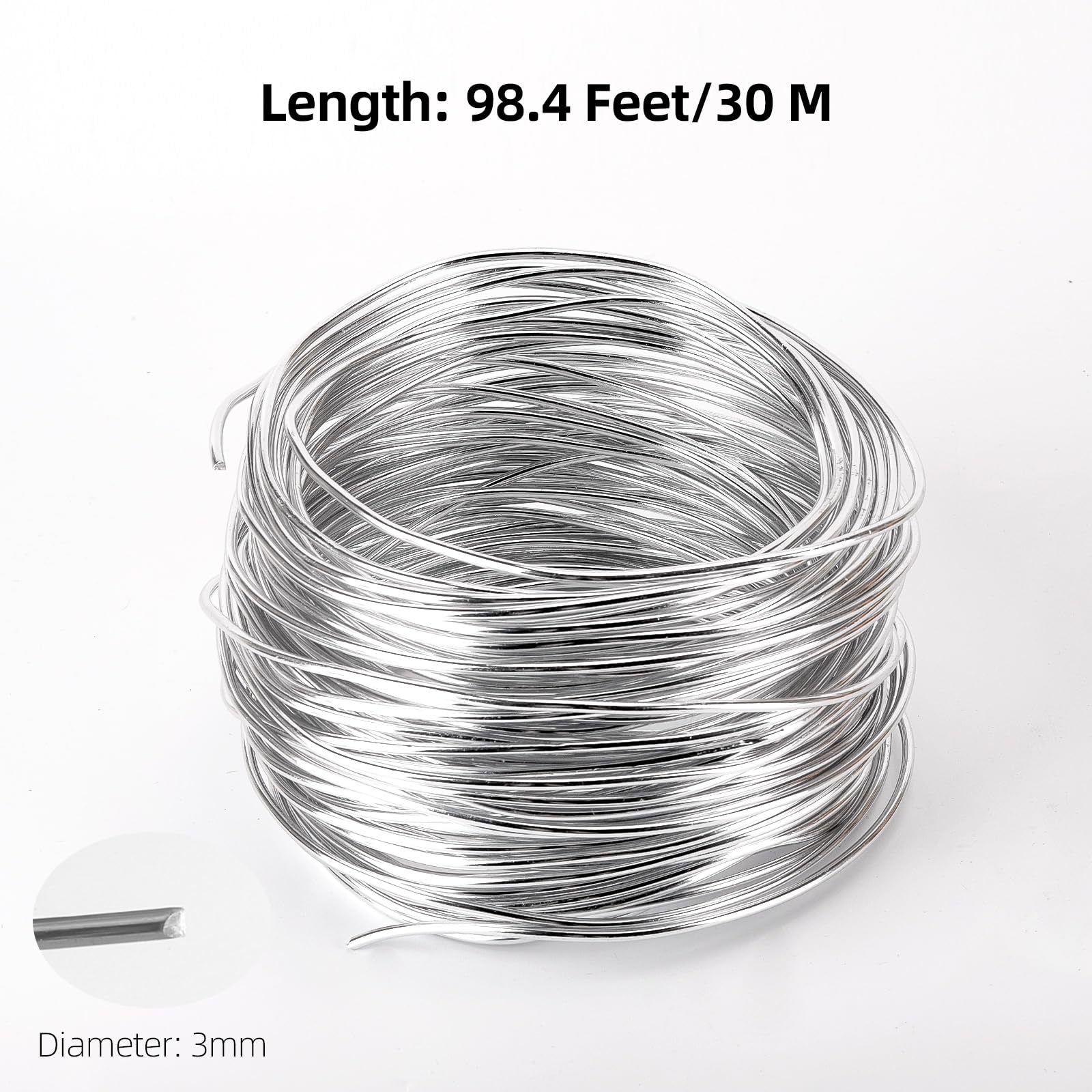 98.4 Feet 3mm Aluminum Wire, Bendable Metal Craft Wire, Armature Wire for Sculpting, Making Dolls Skeleton DIY Crafts (Silver, 30 m x 3 mm, 1 Roll)