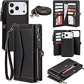 DKDKSIP Compatible with iPhone 17 Pro Max 6.9" Wallet Case with RFID Blocking Card Holder for Women, PU Leather Flip Zipper Wallet Detachable Magnetic Phone Case Crossbody Strap, Black