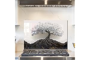 fzxwyishu Tree of Life,Tempered Glass Backsplash For Kitchen Behind Stove,Easy to Clean Kitchen Sink Cover Splash Guard, Home Kitchen Décor (White, 30"x20"(76.2x50.8cm))