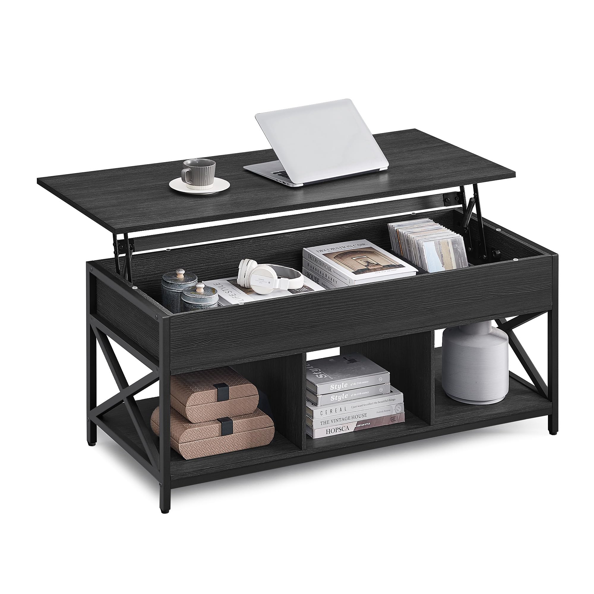 VASAGLE Lift Top Coffee Table, Lift Coffee Table with Storage Shelf, Hidden Compartments and Lifting Top, for Living Room, Office, 19.7 x 47.2 x (19.3-24.4) Inches, Black with Wood Grain ULCT212B22 Image VASAGLE Lift Top Coffee Table, Lift Coffee Table with Storage Shelf, Hidden Compartments and Lifting Top, for Living Room, Office, 19.7 x 47.2 x (19.3-24.4) Inches, Black with Wood Grain ULCT212B22 Image