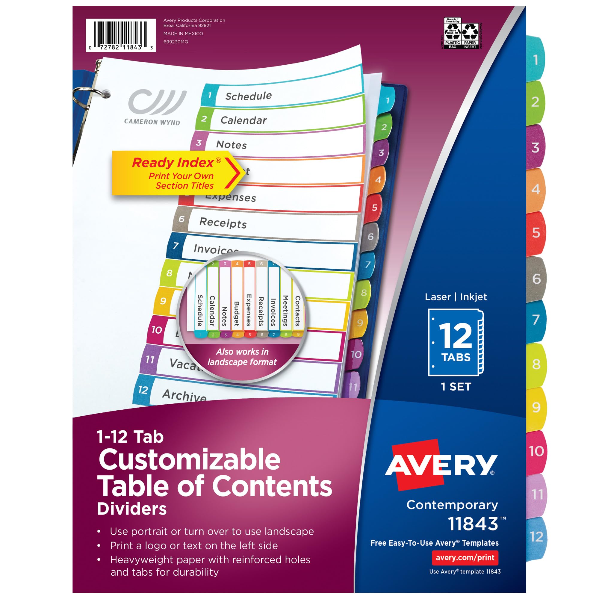 Avery 12 Tab Dividers for 3 Ring Binders, Customizable Table of Contents, Multicolor Tabs, 1 Set, 24 Packs (11843)
