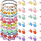 Bememo 24 Pieces Hippie Headband Glass Costume Set 70s 60s Accessories for Women, Includes 12 Flower Headbands Crowns, 12 Round Groovy Sunglasses for Hippie Disco Halloween Party Supplies