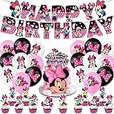 Minnie Party Supplies,32PCS Birthday Decorations Set Include Banner, Balloons, Hanging Swirls, Cake Cupcake Toppers, for Boys Girls Theme Party