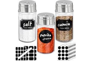 Segarty Spice Jars with Label Set, 3 Pack 4oz Spice Shakers with Adjustable Pour Large Holes for Herbs Grains, Glass Seasoning Jars Spice Containers with 136 Blank Labels and 1 Chalk Marker