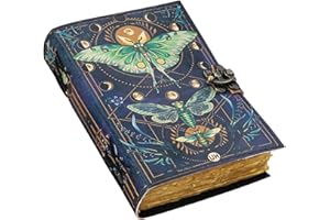 UROOJ HANDICRAFT Blank Spell Book of Shadows Journal with Lock Clasp Vintage Handmade Leather Luna Moths and Morpho Butterfly Print Diary Prayer Pagan Witchcraft Supplies Wiccan Decor Notebook Daily (7X5) inch