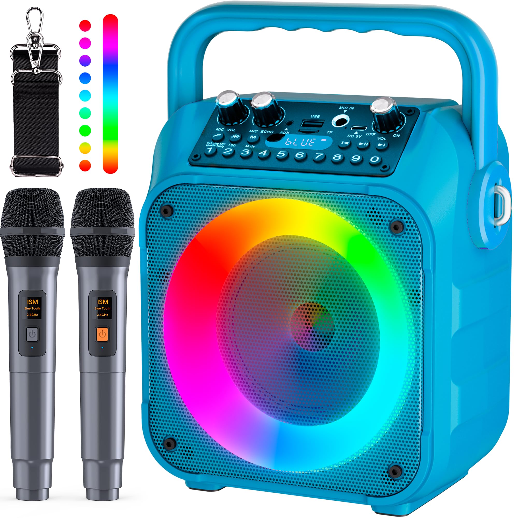 CYY Karaoke Machine for Adults & Kids, Portable Bluetooth Karaoke Speaker with Two Wireless Mics and Colorful Lights Outdoor Karaoke Home System Packages, Stage Subwoofers (Blue)