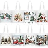 Frienda 8 Pcs Christmas Canvas Tote Bags Reusable Xmas Gift Bags with Handle Vintage Watercolor Cute Aesthetic Gift Santa Claus Truck Snowman Pattern for Women Grocery Shopping Goody Party Supplies
