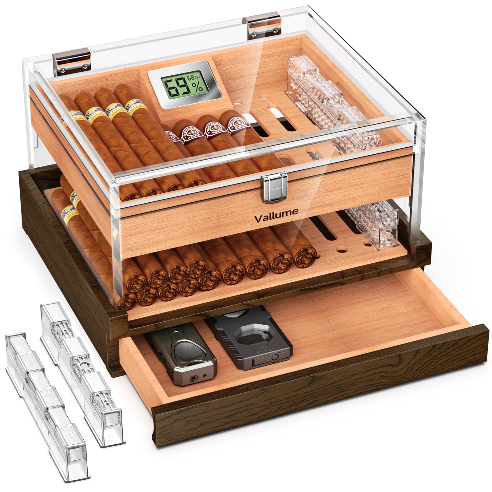 VALLUME Acrylic Humidor Box,High-Definition Transparent Cigar Case,Lock Latches and 90-Degree Opening Hinges Cigar Box,Cigar Accessory Drawer,Digital Hygrometer and Humidifier,Holds About 50-60 cigars