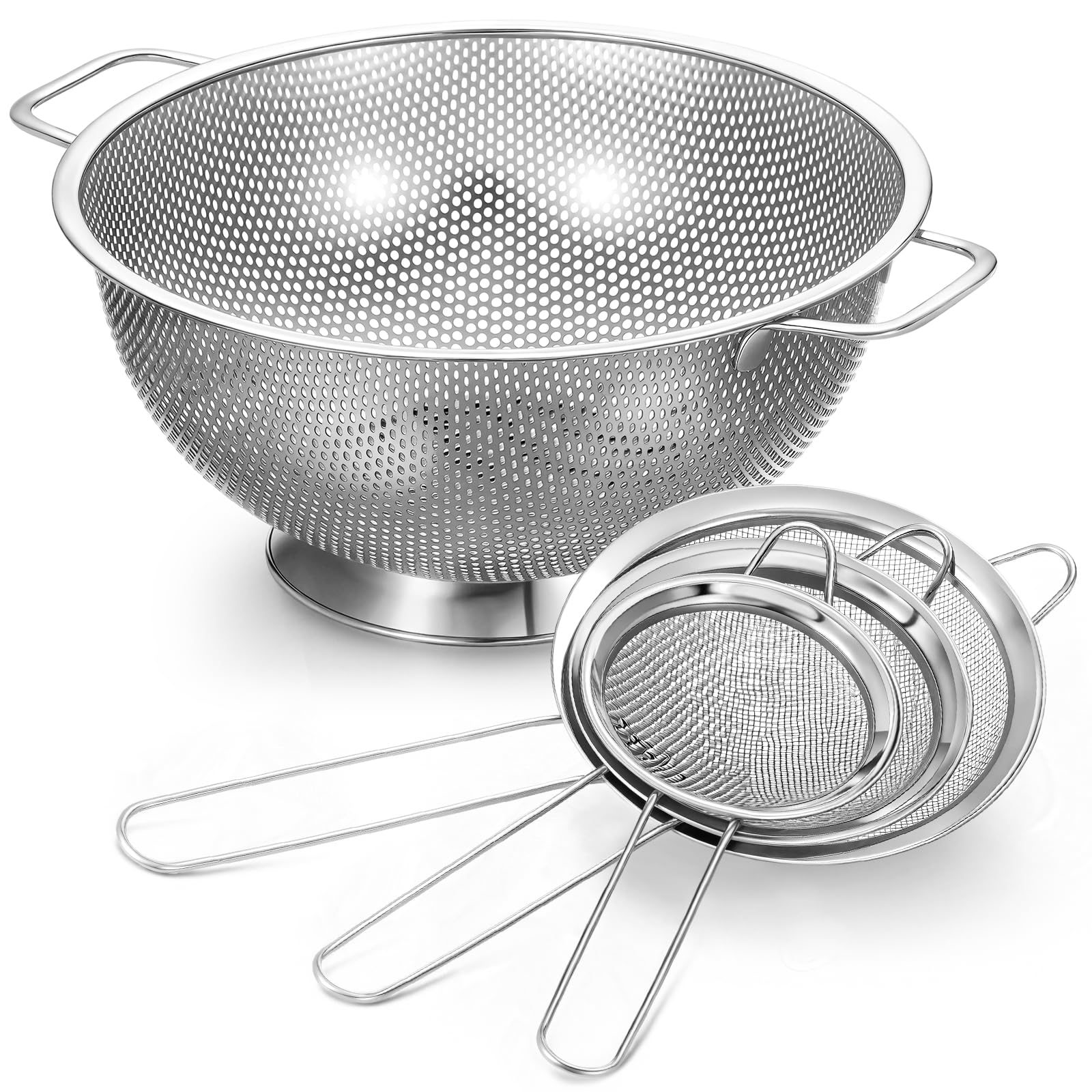 Photo 1 of Norme 4 Quart Stainless Steel Silver Colander and 3 Pcs Silver Fine Mesh Strainer, Stainless Steel Pasta Rice Food Metal Strainer with Handles, Easy Clean and Dishwasher Safe