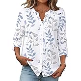 Zeagoo Button Down Shirts for Women 3/4 Sleeve Linen Cotton V Neck Tops Dressy Casual Loose Work Blouses