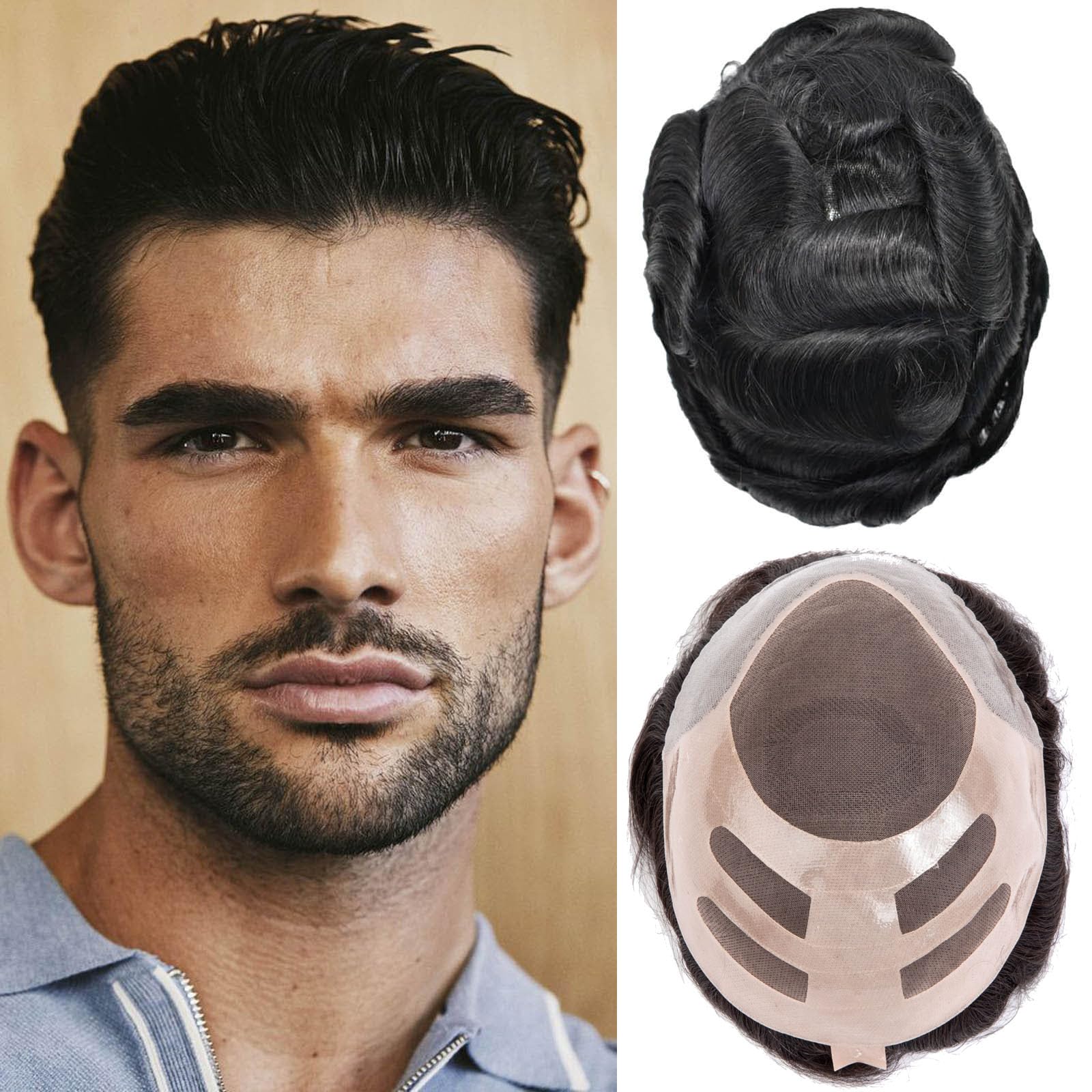 Ehairc Hair System for Men - Bond Mono Lace PU Front and NPU Back Toupee - 100% Human Hair, 130% Medium Density (#1)