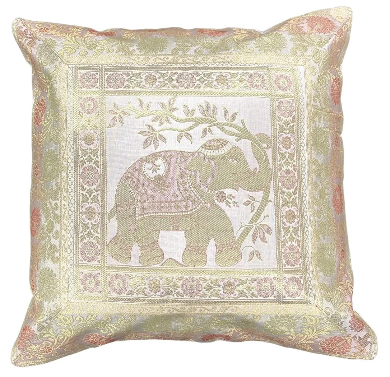 Original Kikan Indian Elephant Mandala Silk Cushion Covers Sari Brocade Boho Home Decor Cushion- Pillow Cases 16”x16” Zip Closure Banarsi | Ethnic - Handmade - Patchwork (White) — image 1