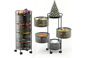 JAQ Kitchen Storage Rack No Assembly, 4-Tier Metal Storage Tower Cart Organizer on Rolling Wheels with Removal Basket for Fruit Vegetable Grocery Corns Potato Onion,Fruteros Para Cocina (4-Tier, Black)