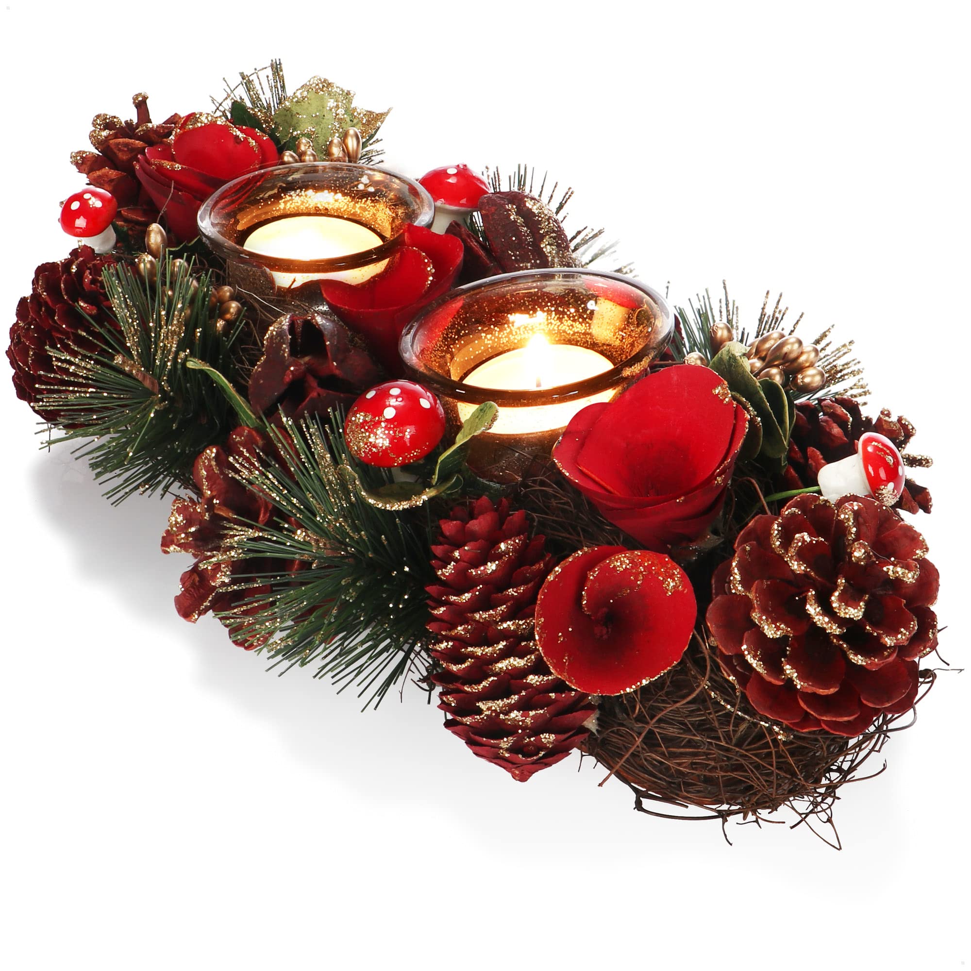 COM-FOUR® tealight holder - decorative candle holder for Christmas and autumn - candle holder with natural materials - handcraft (Advent arrangement red flower - 2 candles)