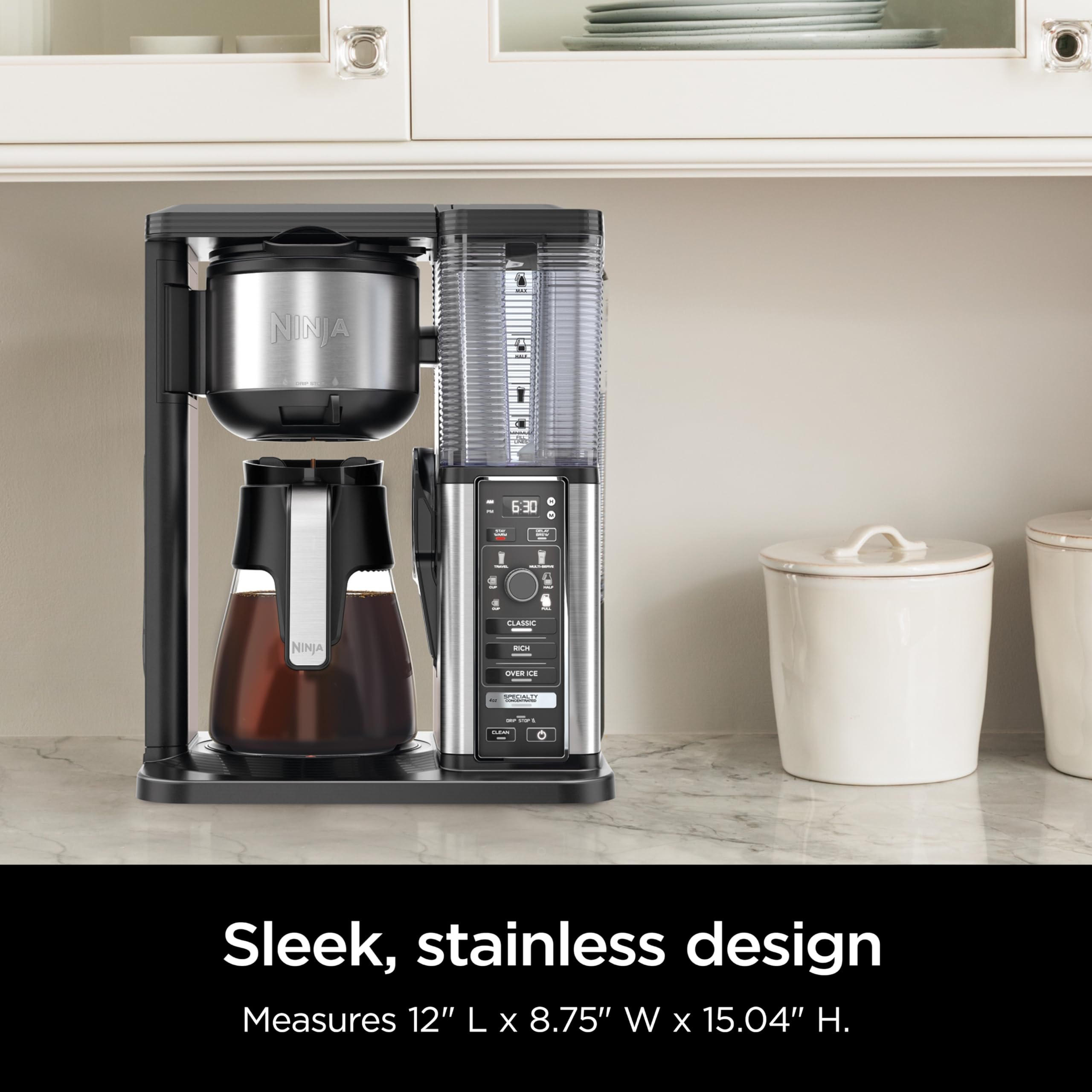 Cafetera especial Ninja, café caliente y helado, 6 estilos de preparación, 8 tamaños, taza pequeña a taza de viaje, jarra para 10 tazas, espumador plegable, filtro permanente, depósito extraíble, negro, CM401