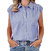 Allegra K Gingham Shirt for Women's Work Cap Sleeve Vintage Plaid Button Down Blouse