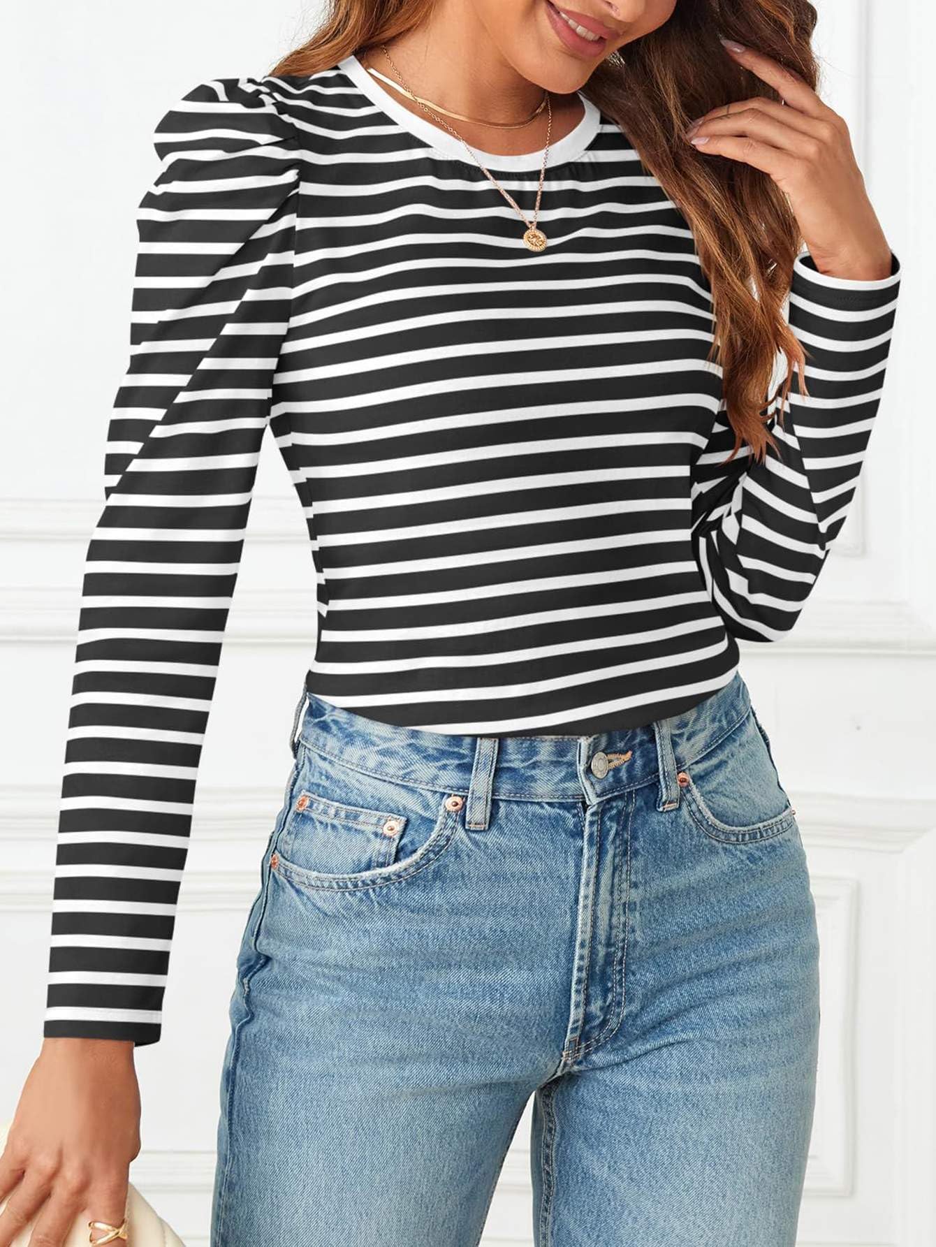 Am Direct Womens Puff Long Sleeve Shirts Crewneck Fall Tops Basic Dressy Casual Blouses 2025 Trendy Outfits Black