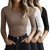 Locoowai 3 Pack Women's 3/4 Sleeve Shirts Slim Fit Side Ruched Tops Basic Crewneck Going Out Tees Y2k Outfits