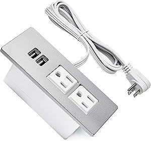 Desk Power Grommet USB Outlet Build-in 2-Outlet and 2 USB Charging Ports with 6.56 FT Extension Cord, Recessed Outlet Power Socket with Outlet Covers for Cabinet Home and Office, Flat Plug (Silver)