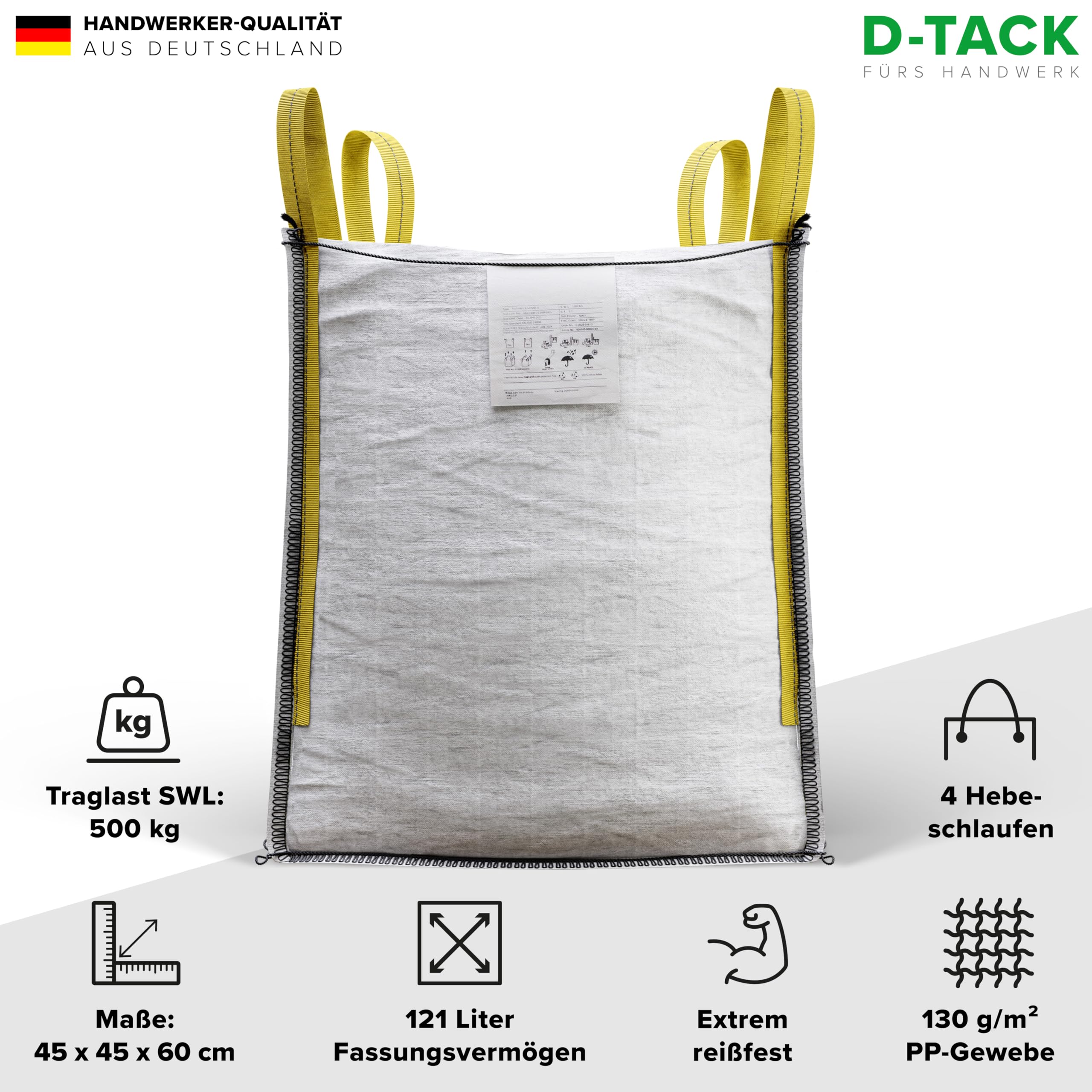 D-TACK 1x Big Bag | 45 x 45 x 60 cm | Säcke für Bauschutt, Holz, Laub, Kies, Sand, Erde, Gartenabfall, Grünschnitt, Pellets | 4 praktische Trageschlaufen | 500 kg | Witterungsbeständig 3