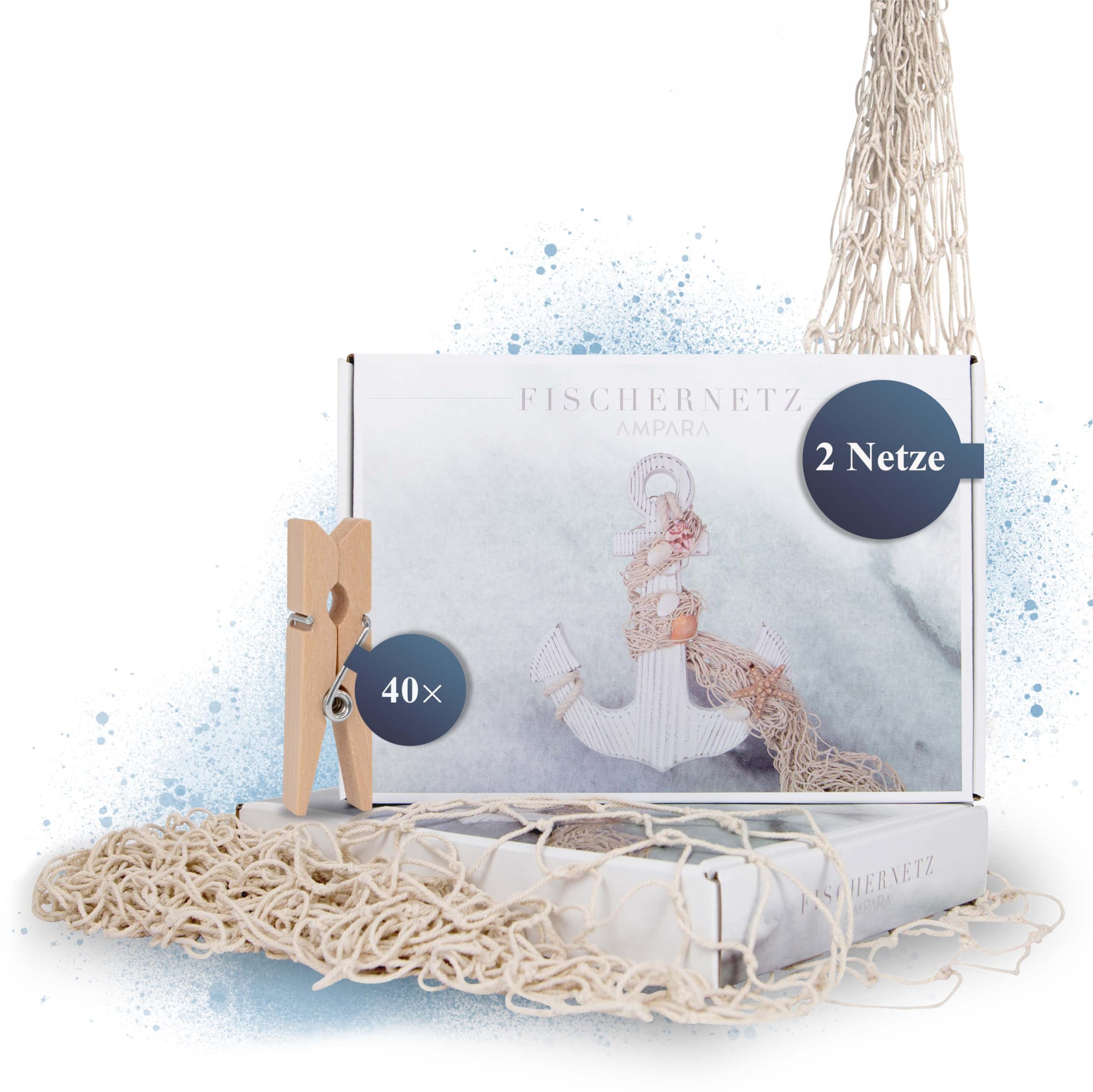AMPARA Big Box Set - Fishing Net Decoration - 2 Nets 150 x 200 cm - Soft and High Quality - Photo Net - Maritime Decoration, Beach | Includes 40 Wooden Pegs
