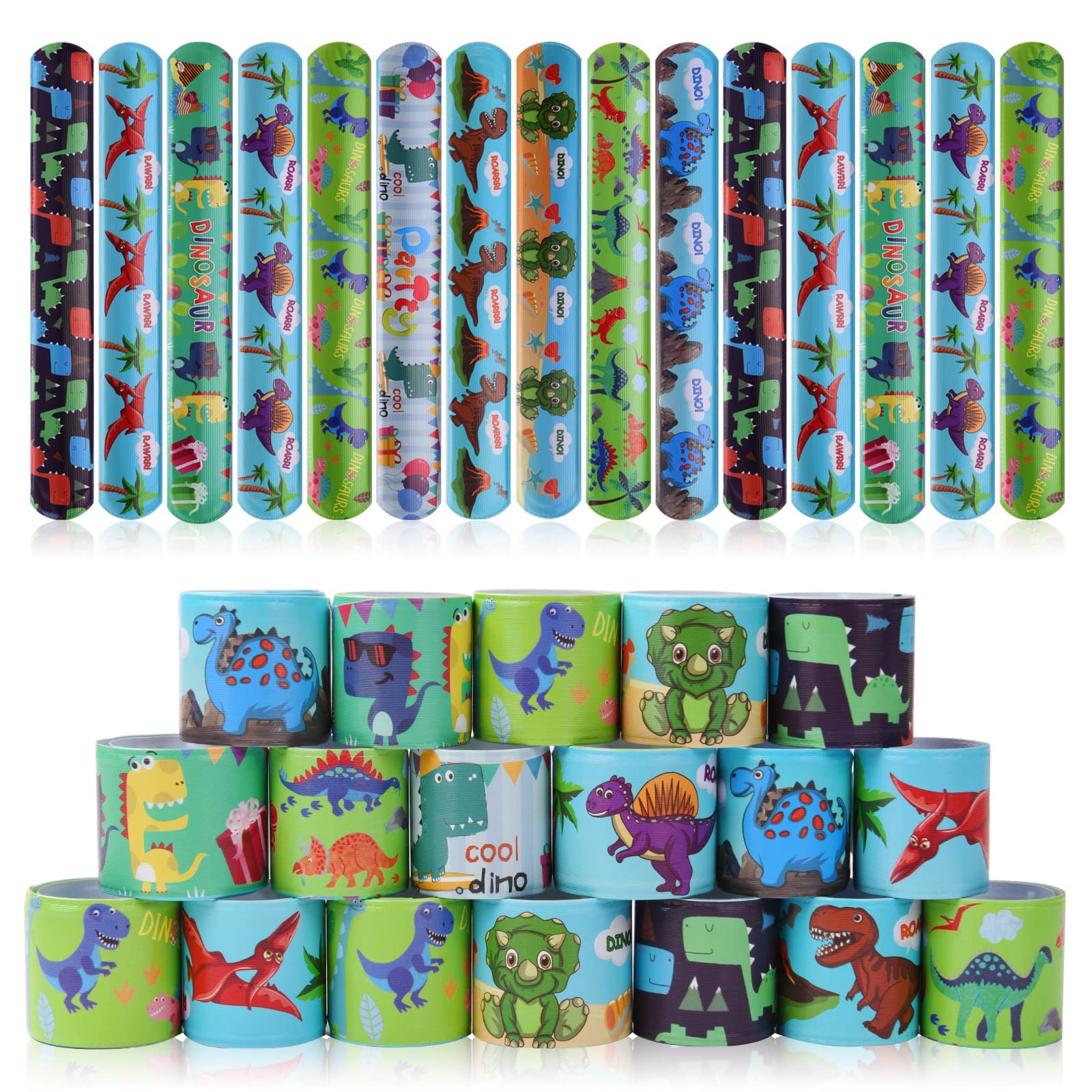 flintronic 30Pcs Slap Bands, Dinasour Slap Bracelets for Party Bags Fillers, Kid's Party Favors Slap Wrist Bands for Kids, Multi-pattern Slap Band for Birthday Christmas Party Favours - Dinasour