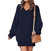 ANRABESS Womens Long Sleeve V Neck Oversized Cable Knit Mini Sweater Dresses 2025 Winter Fall Trendy Pullover Tunic Outfits