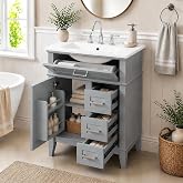 24 Inch Grey Bathroom Vanity with Sink,Minimalist Style,Shaker Front | with 3 Right Drawers,Tip-Out Tray &amp; Soft-Closing Door(Organizers Included),Tapered Legs,Ceramic Top,Solid Wood Frame