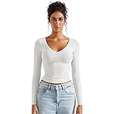 SUUKSESS Women Double Lined Casual V Neck Crop Tank Tops Basic Long Sleeve Shirts
