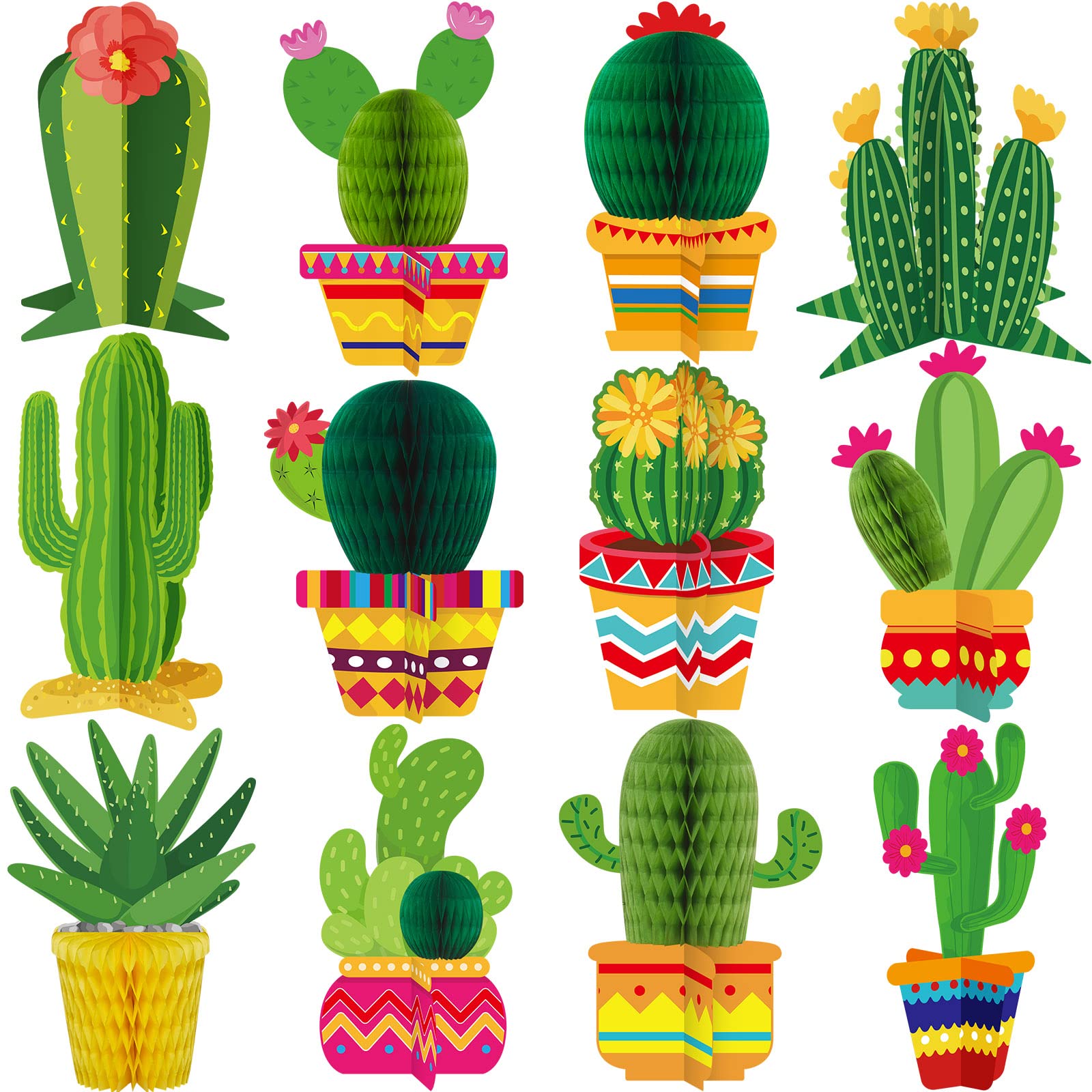 Photo 1 of Zonon 12 Pcs Cactus Party Decorations Mexico Back to School Honeycomb Table Centerpieces Mexican Garland Cutouts for Fiesta Baby Shower Favor Cactus Theme Classroom Birthday Party Supplies