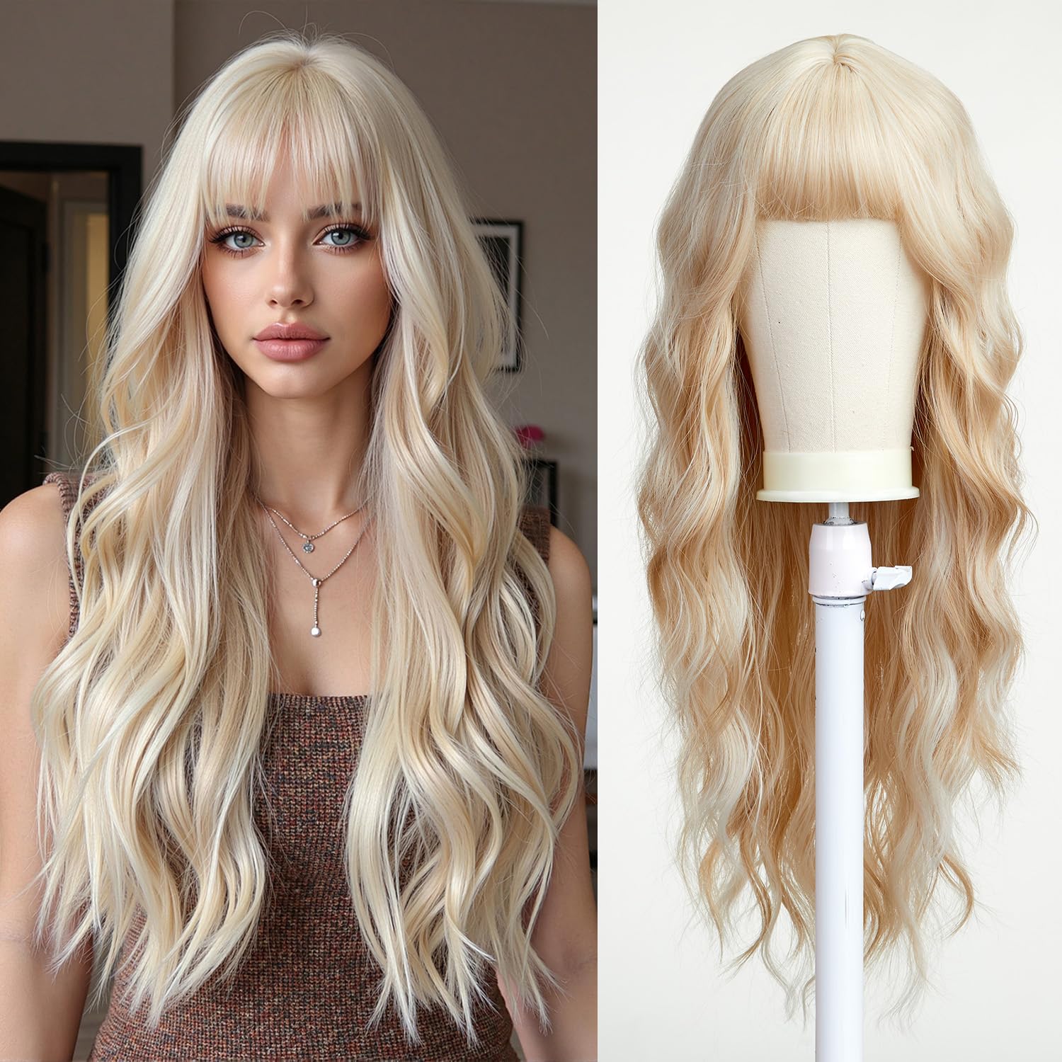 Esmee Long Wavy Mixed Blonde Wig for Women Natural Synthetic Hair Heat Resistant Blend Wigs with Fringe — image 1
