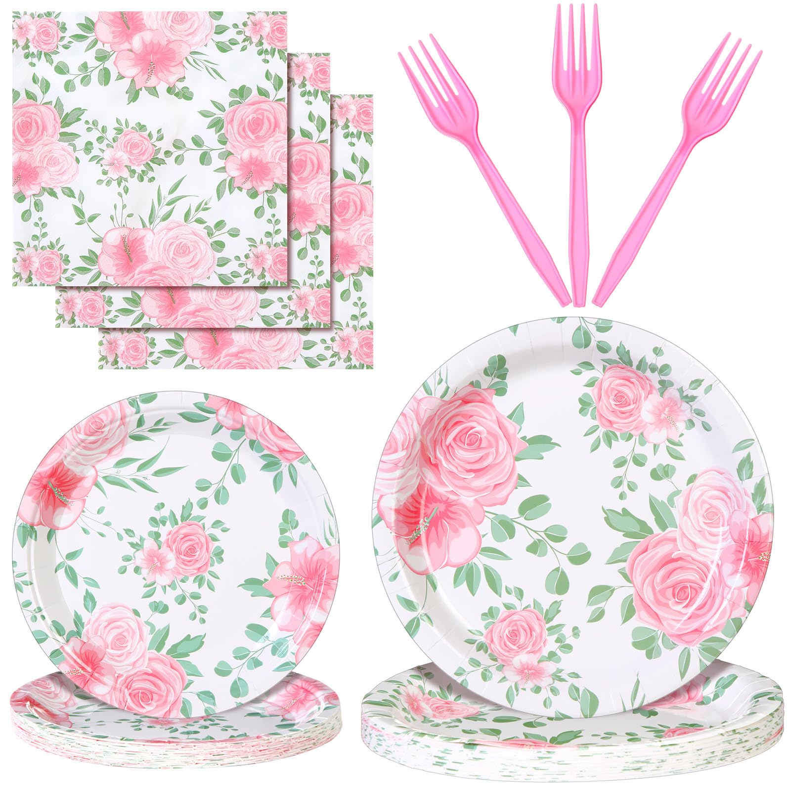 Photo 1 of **MISSING ITEMS**LOOK AT RECENT PHOTO**
Blulu 96 Pcs Floral Party Supplies Rose Paper Plates Napkins and Forks Disposable Pink Mother's Day Tableware Set for Spring Summer Tea Party Decorations Baby Shower Birthday Wedding, Serves 24
