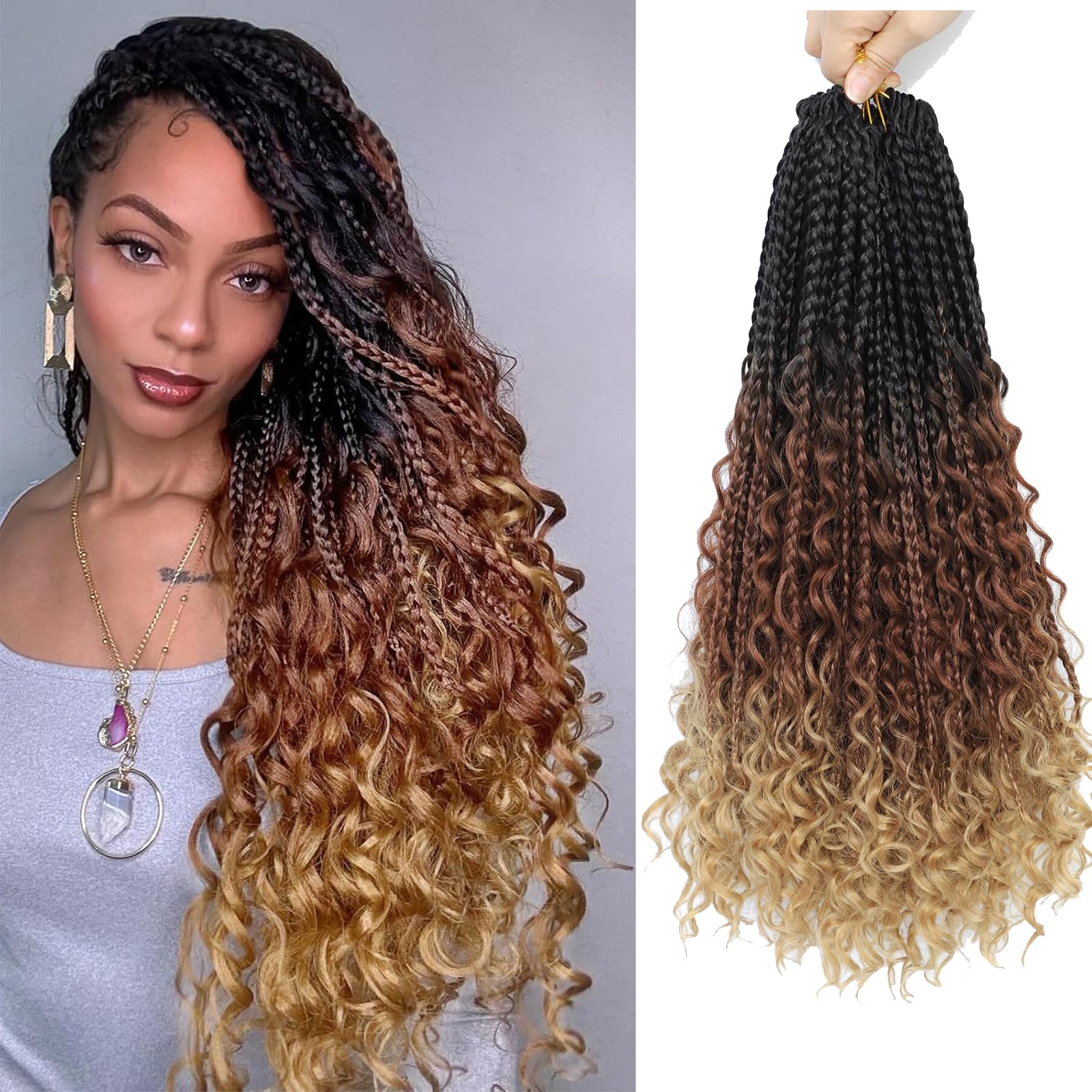 WoWCFyyds 8 Packs Crochet Braids 24 Inches Goddess Box Braids Crochet Curly Hair Ends Bohemian Crochet Braids Twist Synthetic Hair Extension for Black Women (1B/30/27) โ image 1