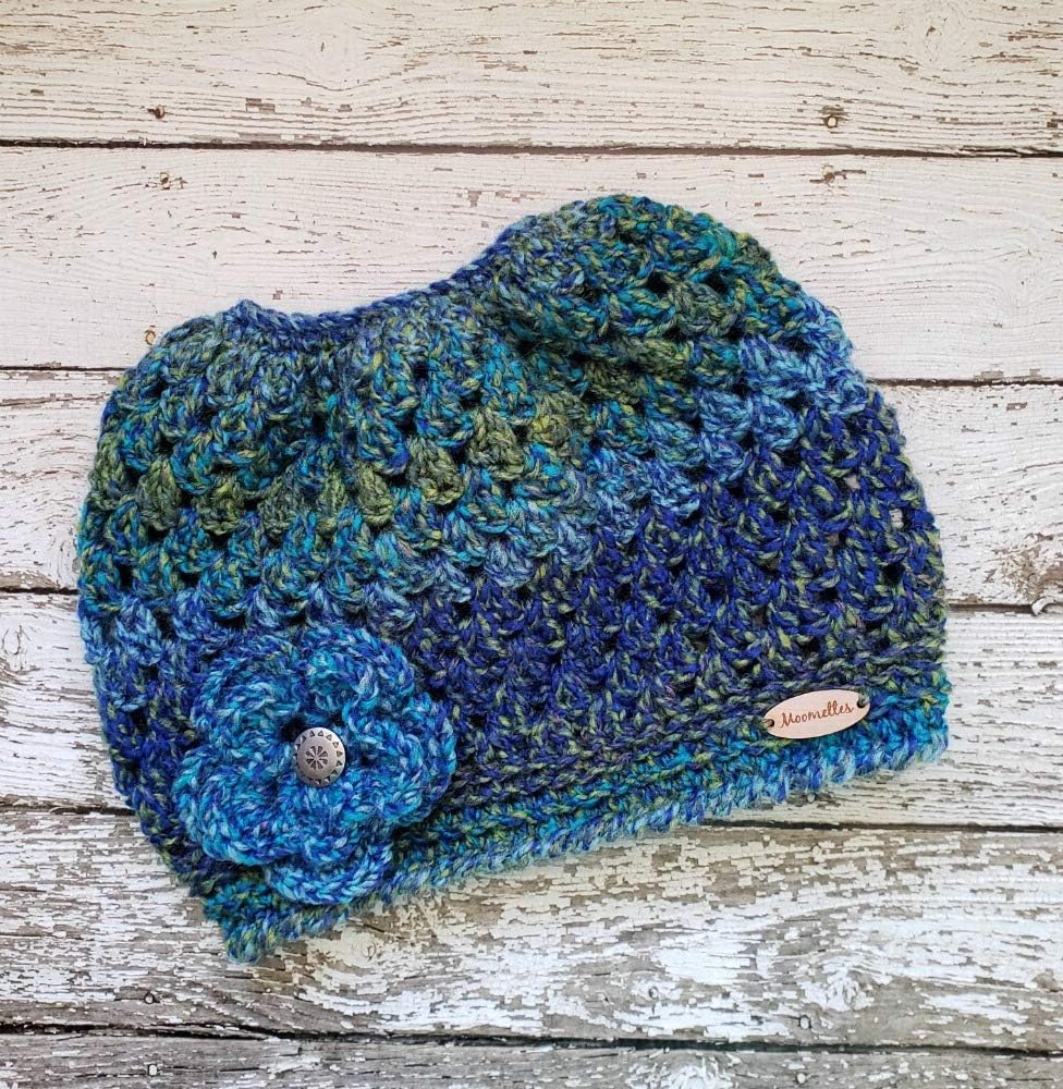 Handmade Women's Messy Bun Beanie Green Teal Blue Purple Nordic Ponytail Hat Pewter Button Flower