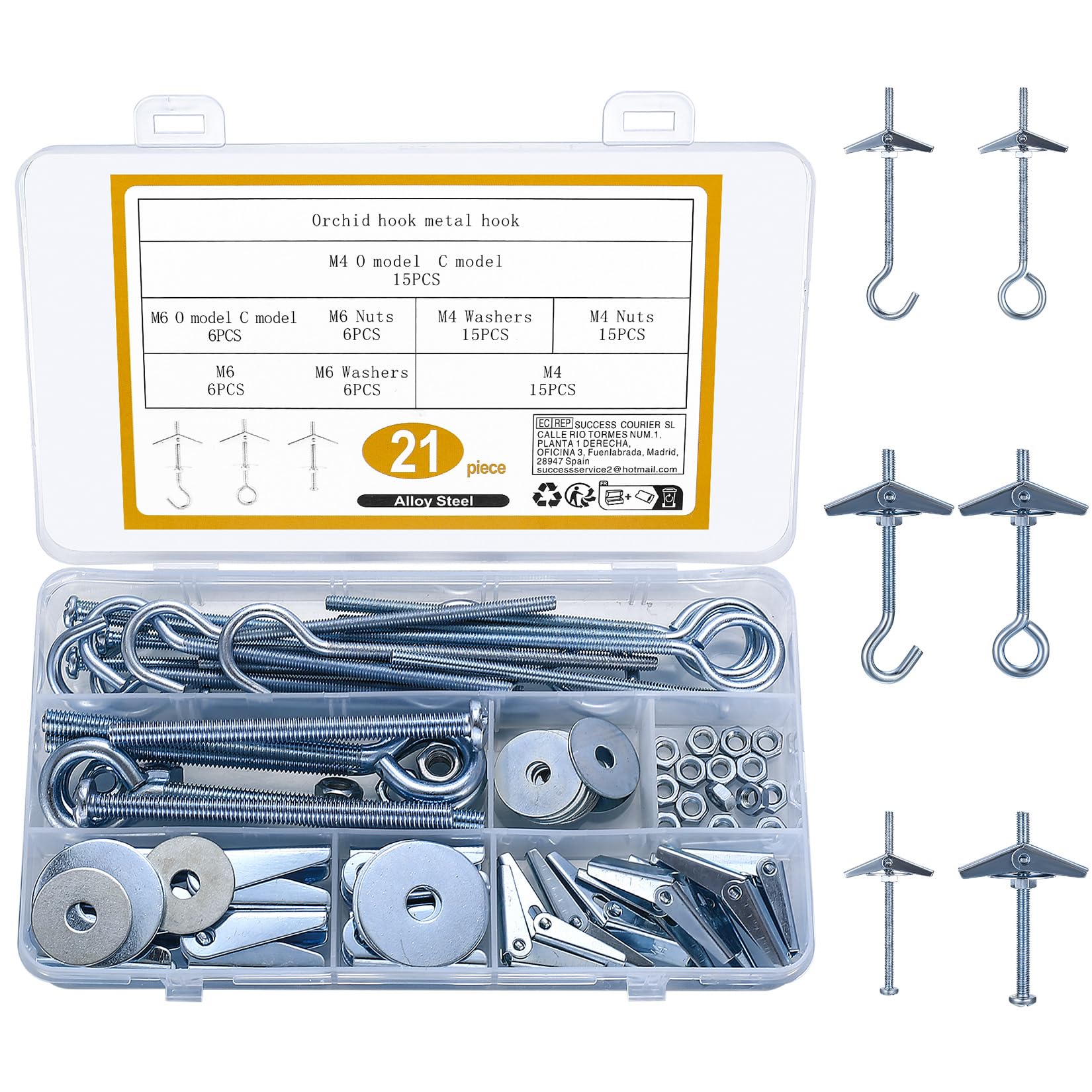 21 Sets Heavy Duty Plasterboard Hooks for Hanging Plants, M4 M6 Wing Spring Toggle Hooks with Folding Dowels, Mount Fixing Anchors for Drywall Cavity