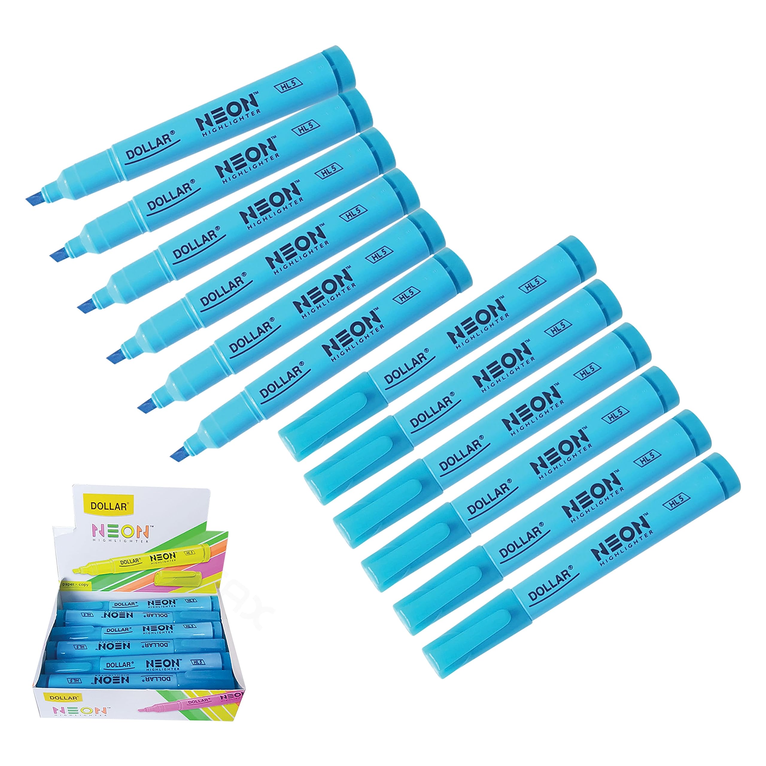 DOLLAR Neon HL5 Highlighter Pens, BLUE, Pack of 12, Chisel Tip (5.0mm), Multipack, Fast-drying, Fluorescent Colour, Perfect for School Office Home Highlighters