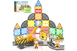 Coodoo Kids Games Magnetic Tiles Road Set with Extendable Magnetic Crane, City Construction Building Toys for Toddlers STEM Preschool Ages 4-6 5-7, Gifts for 3+ Year Old Boys Girls Kids Toys with Car