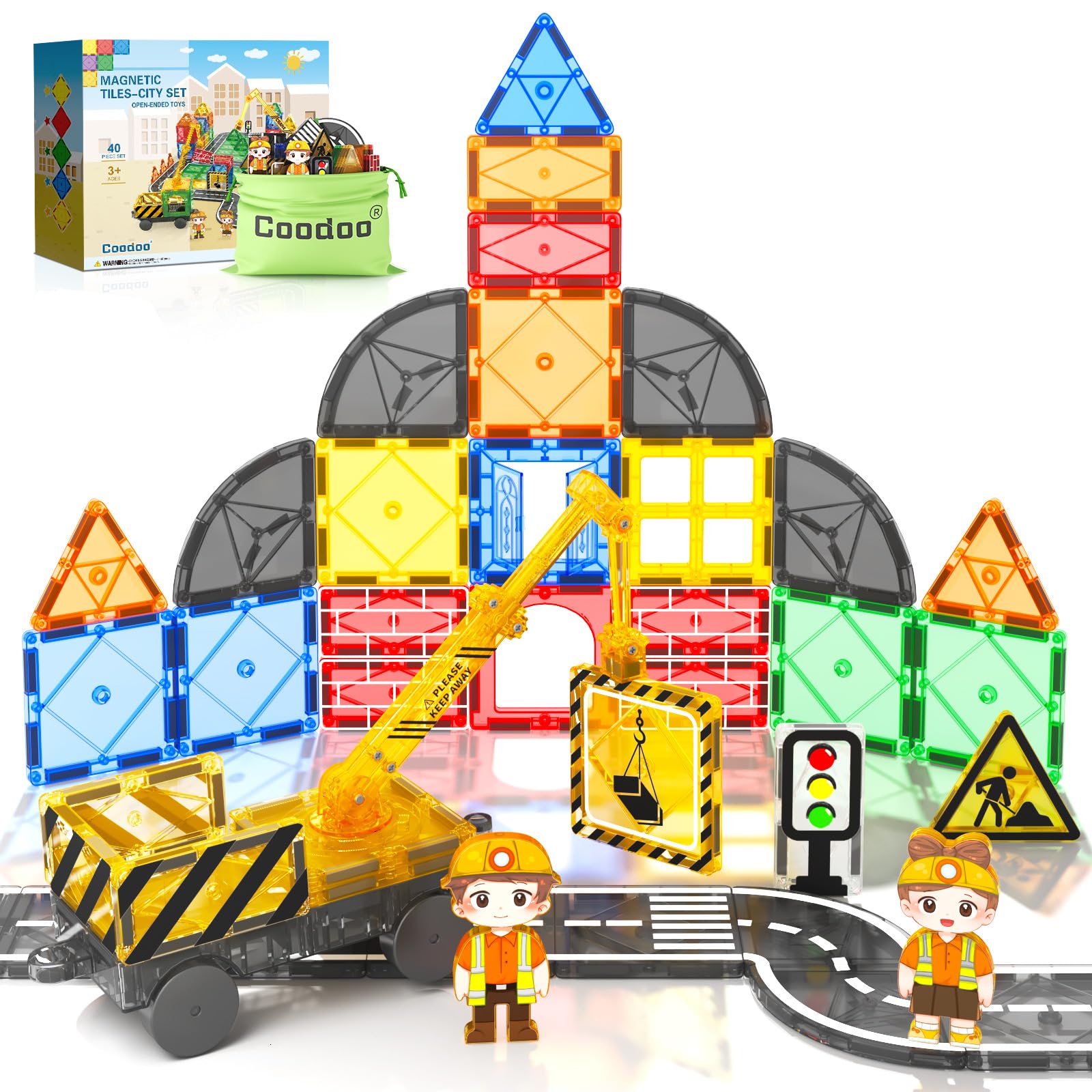 Kids Games Magnetic Tiles Road Set with Extendable Magnetic Crane, City Construction Building Toys for Toddlers STEM Preschool Ages 4-6 5-7, Gifts for 3+ Year Old Boys Girls Kids Toys with Car