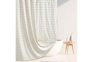 SIILUMINISOY Boho Farmhouse Ivory Shower Curtain Woven Fabric Cream Shower Curtain, 72 x 72 Tufted Pleat Floral Puffs Textured Modern Farmhouse Minimalist Ivory Shower Curtain Set with Hooks for Bathroom