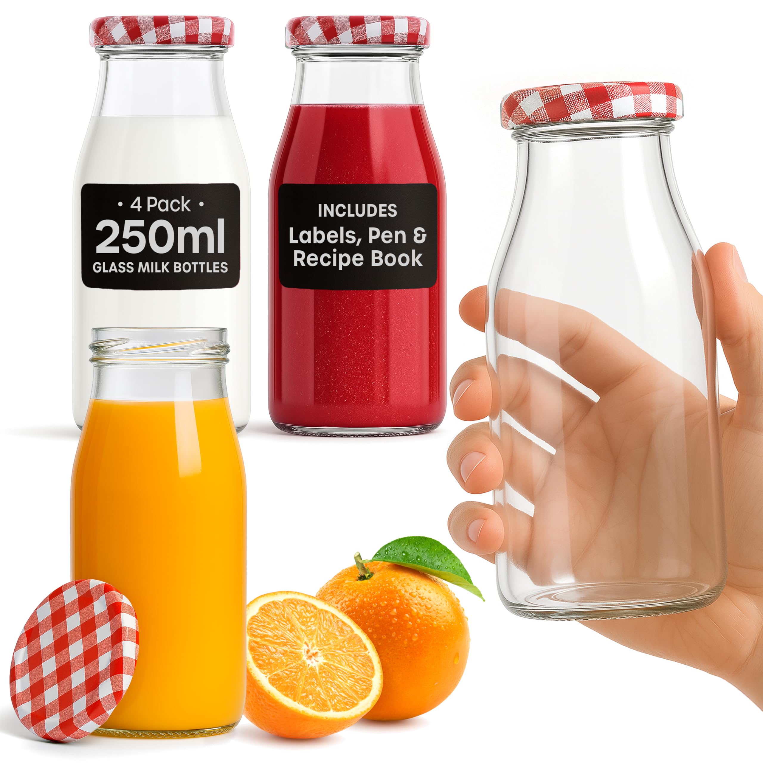 volila Glass Milk Bottles with Lids - 4 Pack x 250ml Glass Bottles with Lids, Labels, and Pen - Reusable Milk Bottle for Juices, Dressings, Sauces, Beverages, Decoration and Storage (Red Gingham Lid)