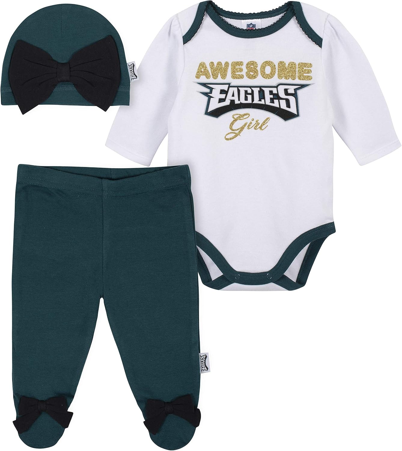 NFL Girls 3 Pack Bodysuit Footed Pant and Cap Registry Gift Set: Clothing
